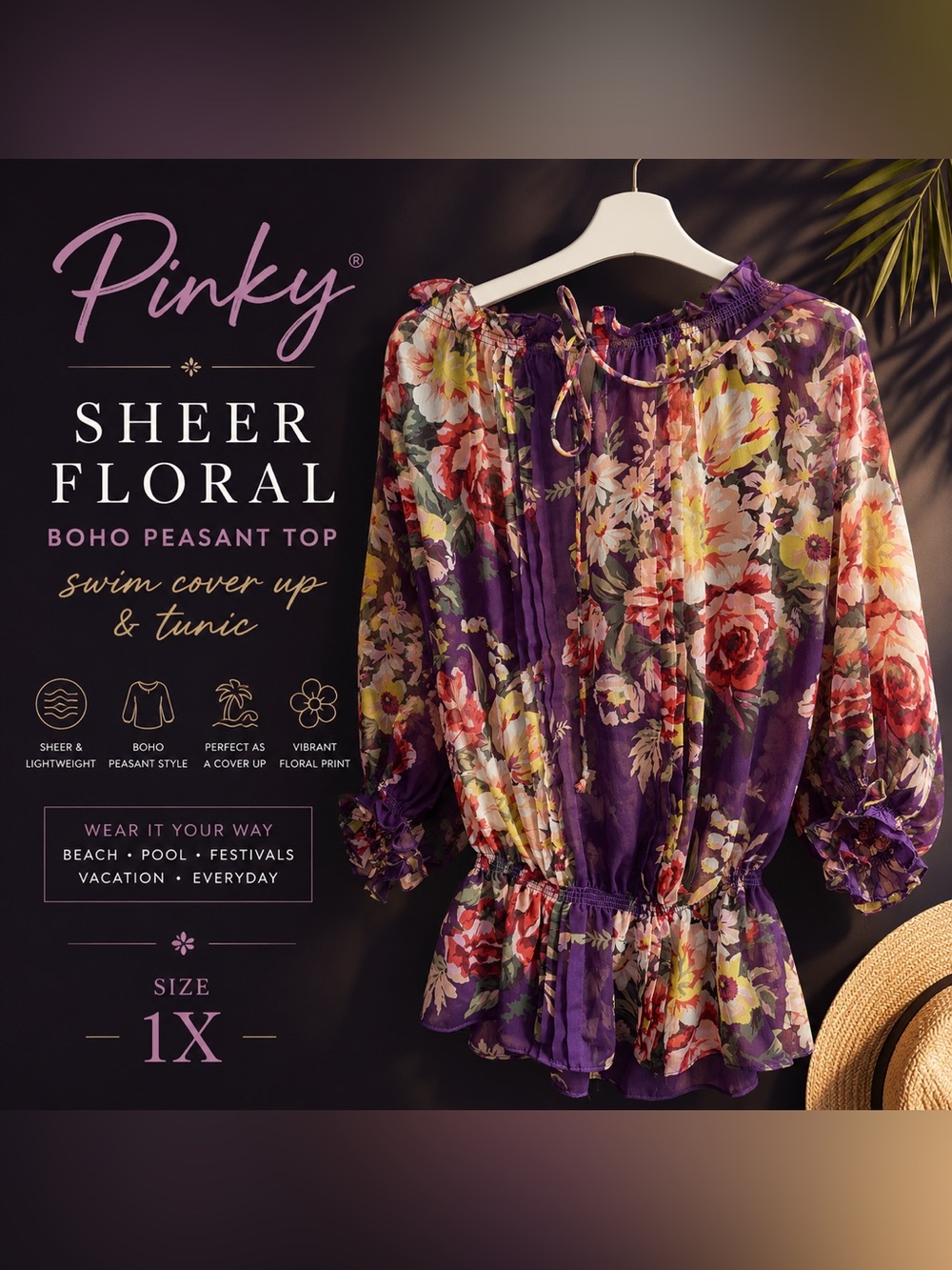 Pinky Purple Floral Sheer Tunic Cover Up Boho Top 1X Feminine
